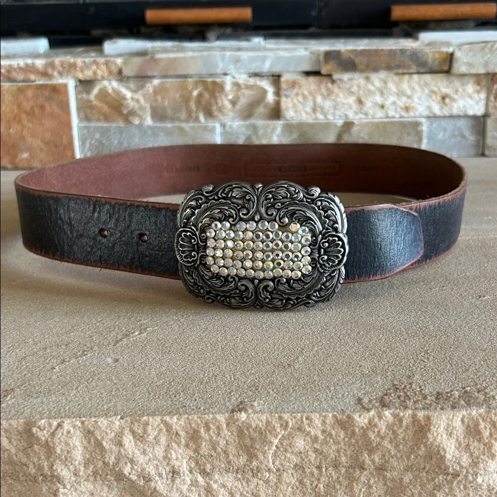 Fossil Black Leather Belt with Silver and White Buckle
